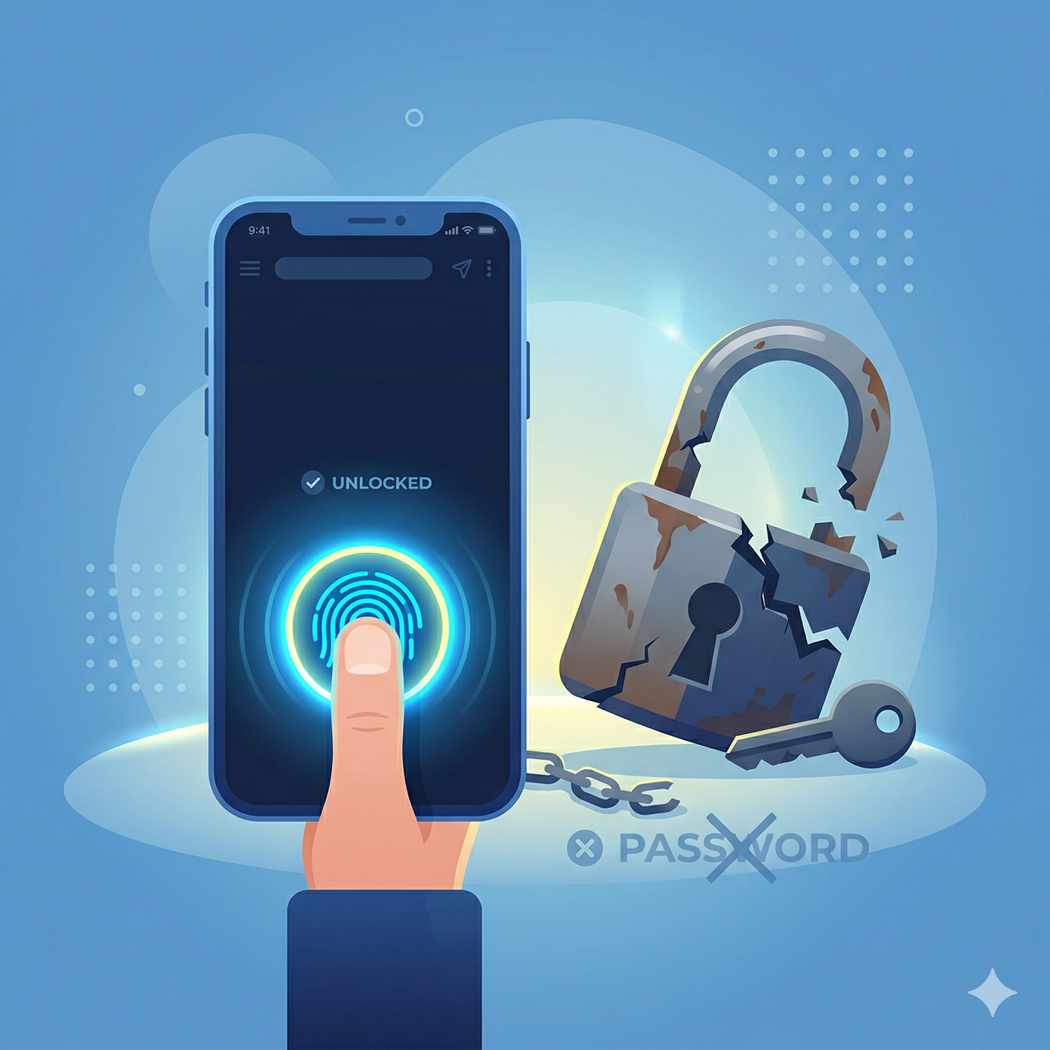 A smartphone with a fingerprint sensor glowing, next to a broken padlock representing a discarded password, on a calm blue background.